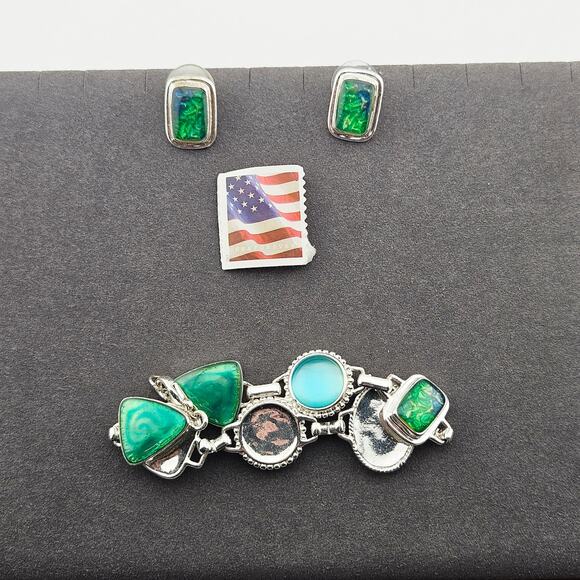 Signed KC Green enamel silver tone bracelet earring set - Picture 1 of 8